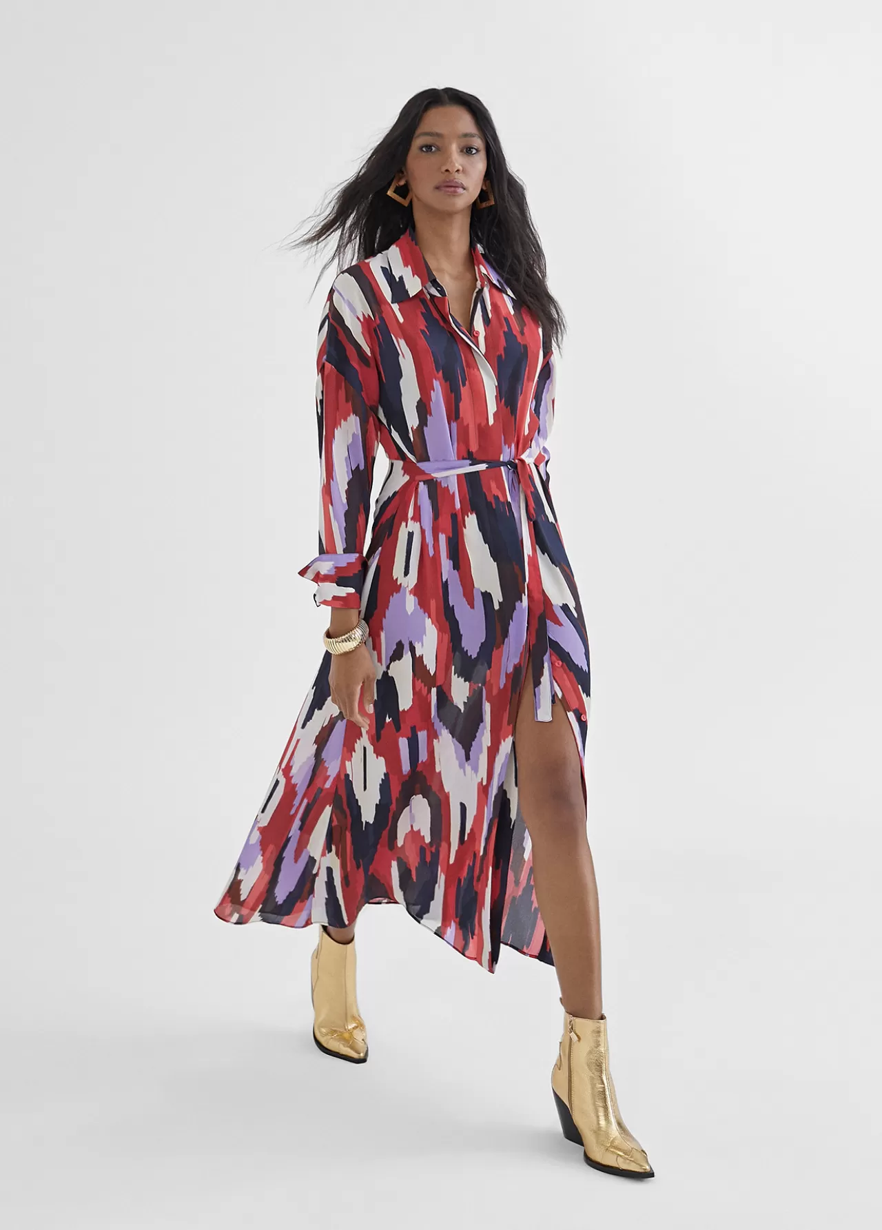 Lola Casademunt Vestido camisero largo y multicolor LILA-ROJO Outlet